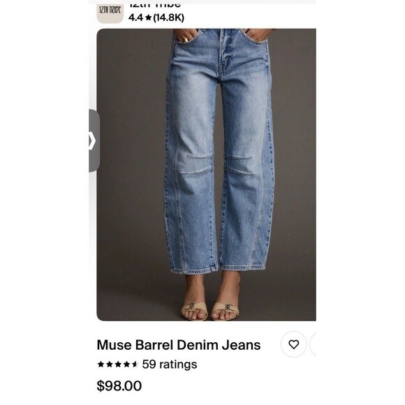 12th Tribe Jeans Womens High rise Barrel Leg , Baggy Denim 2 Tone Cream No Str - Picture 2 of 6